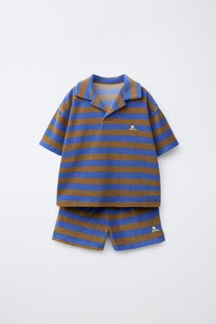 ZARA КОМПЛЕКТ ПОЛО И ШОРТЫ В ПОЛОСКУ ИЗ МАХРОВОЙ ТКАНИ, СИНИЙ