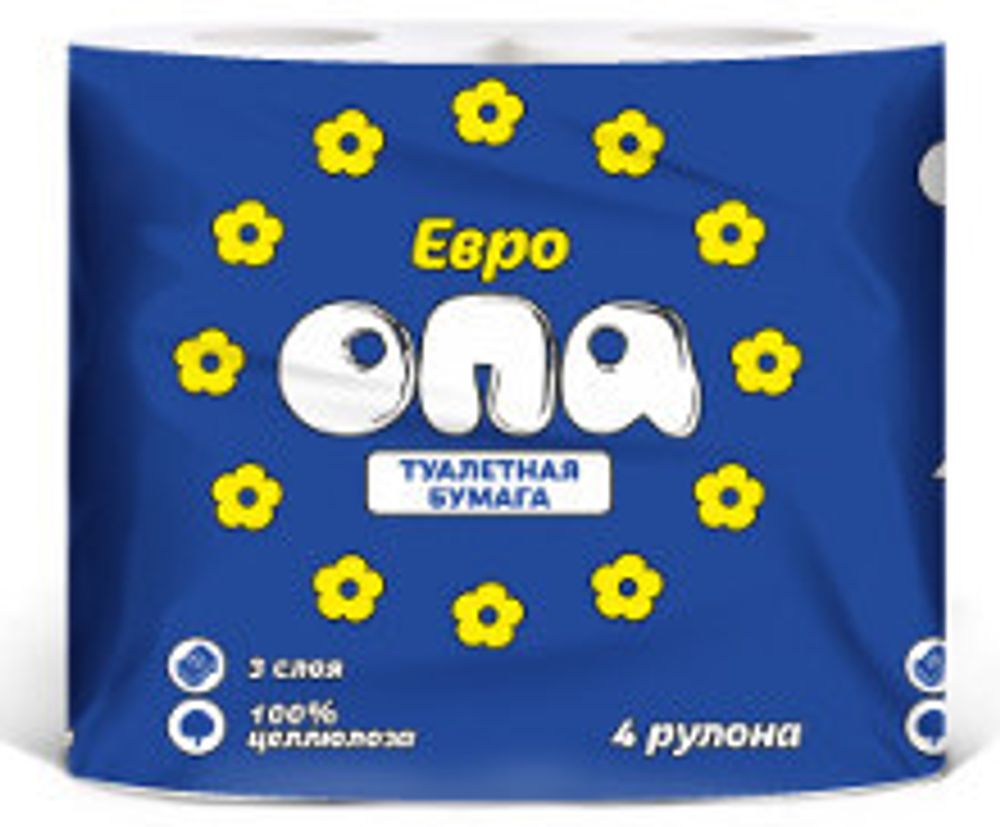 Евроопа, 3 слоя, 4 рул., Туалетная бумага, цветочки
