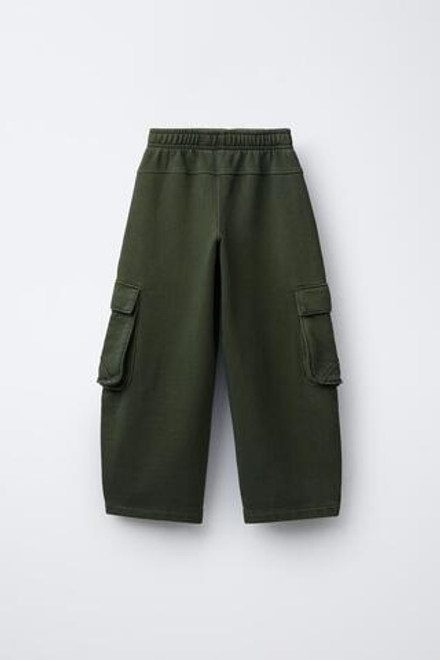 ZARA БРЮКИ КАРГО WIDE LEG ИЗ МЯГКОЙ ТКАНИ С ОКРАШИВАНИЕМ GARMENT DYE, ЗЕЛЕНЫЙ