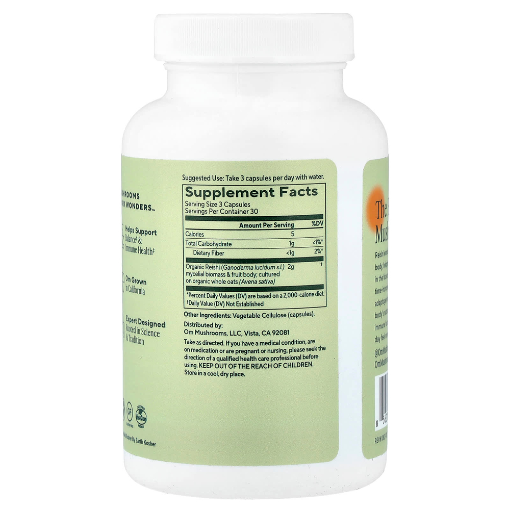 Om Mushrooms, гриб рейши в капсулах, 90 растительных капсул (666 мг в 1 капсуле)