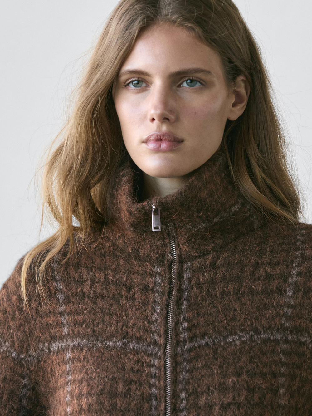 Massimo Dutti Вязаный жакет из шерсти альпаки в клетку, коричневый