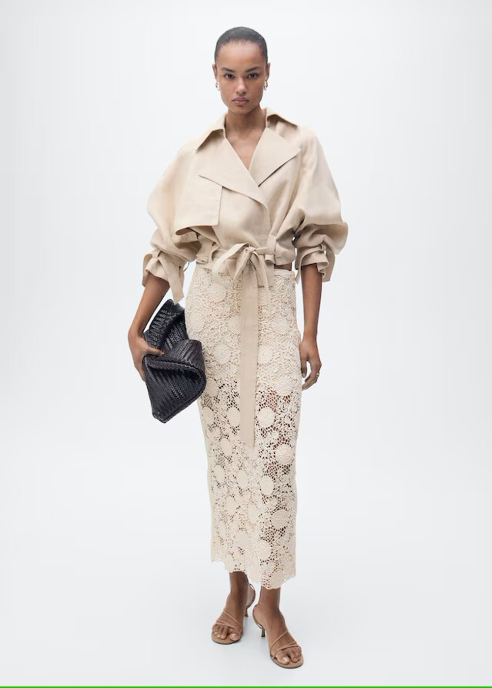 MANGO Длинная юбка c кружевом, экрю