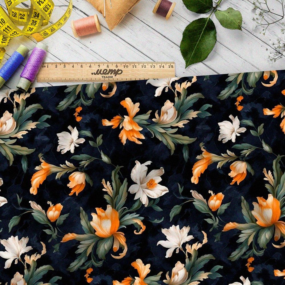 Ткань премиум габардин цветочная фантазия на черном