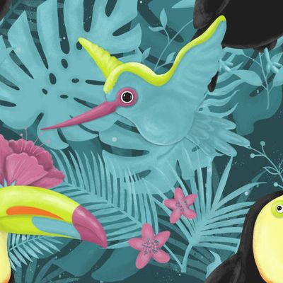 Тропики, листья, птицы, тукан, колибри, яркий принт от DatsenCreate