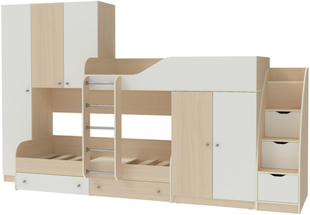 Двухъярусная кровать КарИВи Лео с лестницей Комод КарИВиом  Дуб Молочный Белый