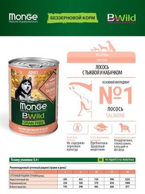 Влажный корм Monge Dog BWild GRAIN FREE для взрослых собак, беззерновой, из лосося с тыквой и кабачками, консервы 400 г