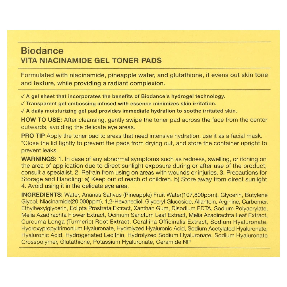 Biodance, Vita Niacinamide гель-тонер, диски для лица, 60 шт.