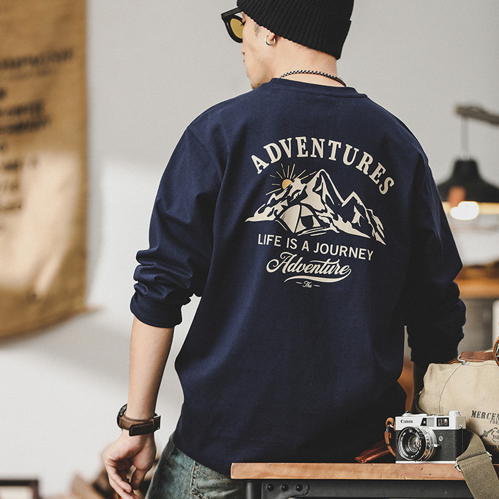 Мужская футболка с длинным рукавом из чистого хлопка весна-осень,плотность 260 г, принт в горном стиле, трендовая модель