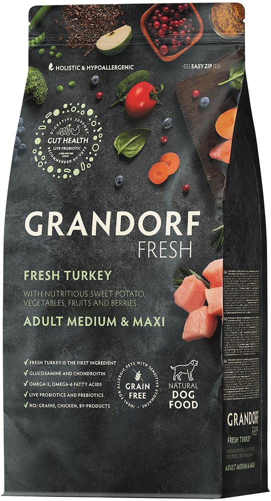 Grandorf Fresh 10кг Holistic Medium&amp;Maxi Turkey&amp;Sweet Potato Сухой корм для собак средних и крупных пород, свежее мясо индейки с бататом