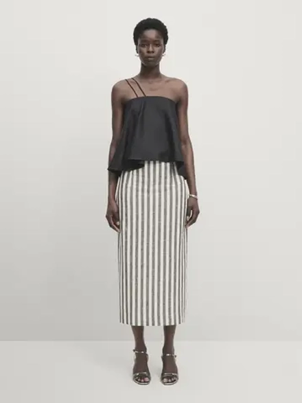 Massimo Dutti Юбка из льна и хлопка в полоску - Studio, синий