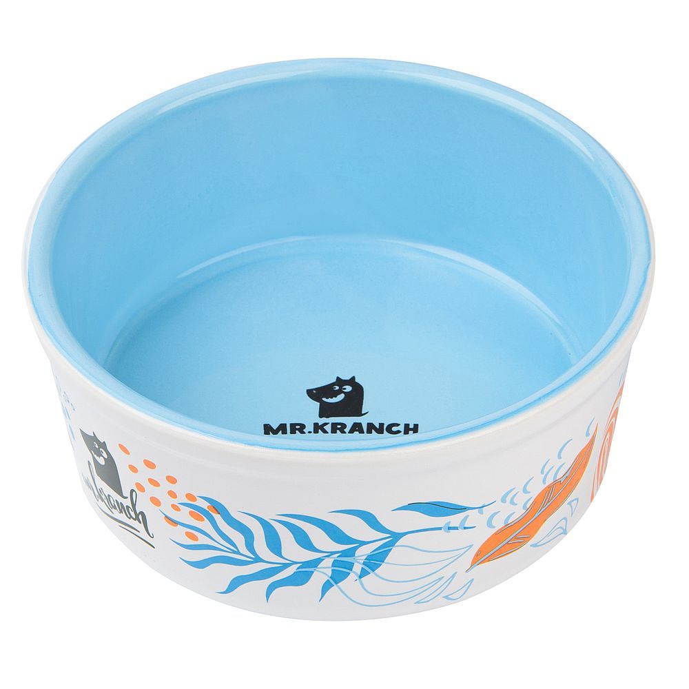 Миска Mr.Kranch для собак и кошек из фарфора "Тропики", 450мл, голубая Миска Mr.Kranch для собак и кошек из фарфора "Тропики", 450мл, голубая