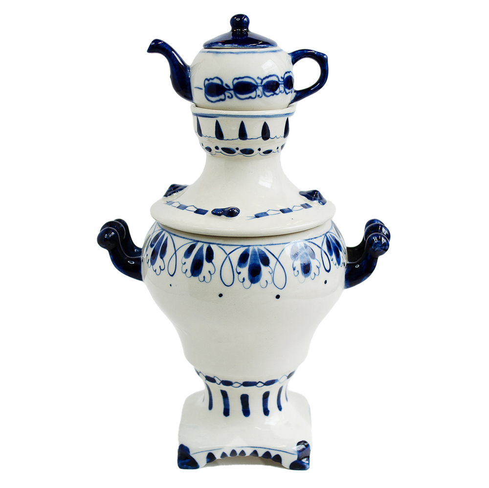 Самовар с чайником. Фарфоровая декоративная статуэтка. СССР. Объединение Гжель.1972-1985 гг.