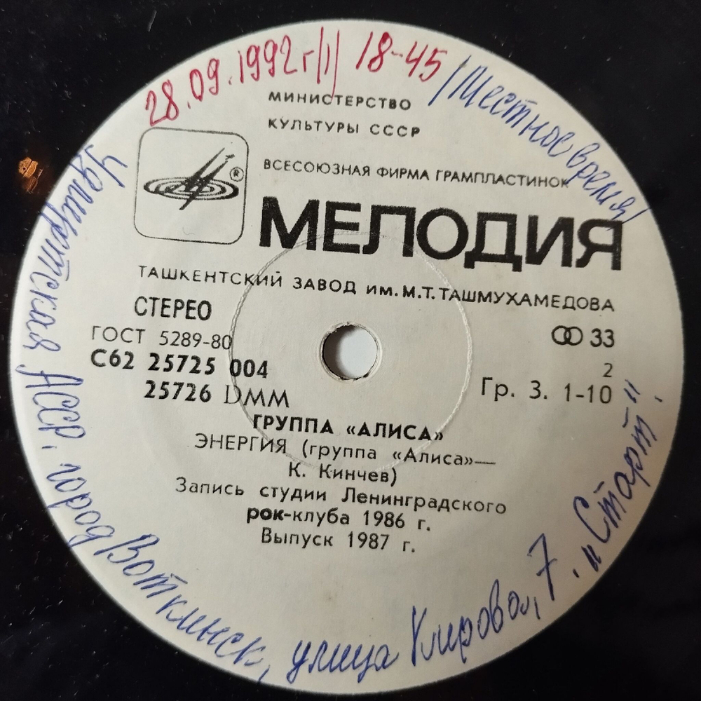 Винтажная виниловая пластинка LP Алиса Мы Вместе 7 дюймов (СССР 1987) Меломан