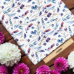 Ткань атлас листья с голубикой