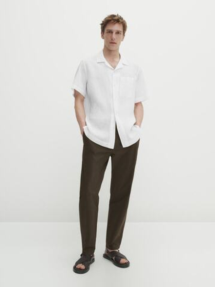 Massimo Dutti Льняная рубашка облегающего кроя с короткими рукавами, белый