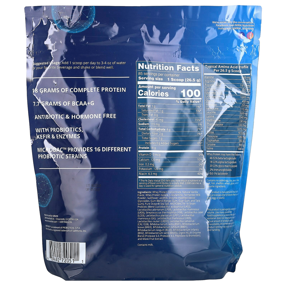 MRM Nutrition, сывороточный протеин с пробиотиками и постбиотиками, ваниль, 2270 г (5 фунтов)