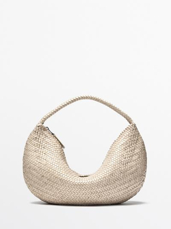 Massimo Dutti Плетеная кожаная сумка в форме полумесяца, кремовый