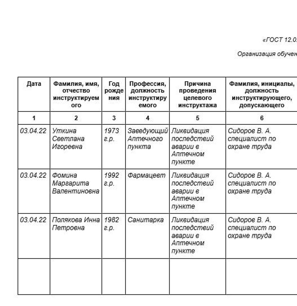 Журнал регистрации целевого инструктажа