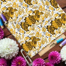 Ткань интерлок хохлома из золотых жар-птиц на белом фоне