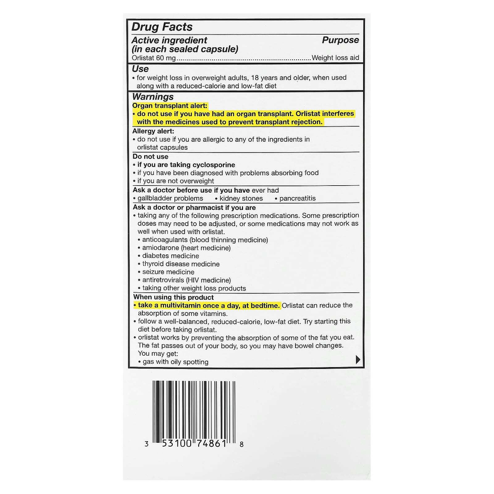 Alli, Орлистат, средство для снижения веса, стартовый пакет, 60 мг, 60 капсул