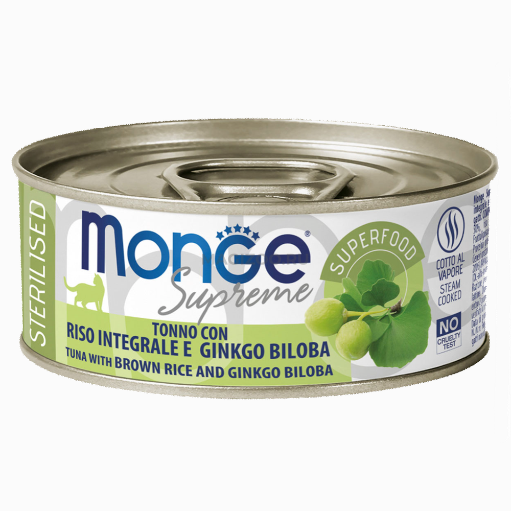 Monge supreme влажный корм для стерилизованных кошек из тунца с бурым рисом и гинкго билоба, консервы 80 г