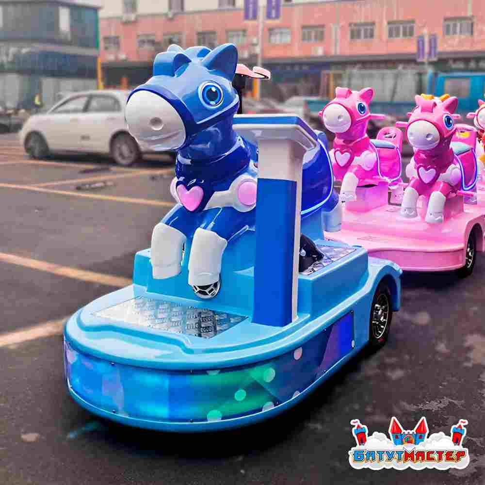 Безрельсовый паровозик «Пони» 4 платформы, 9 мест, с подсветкой