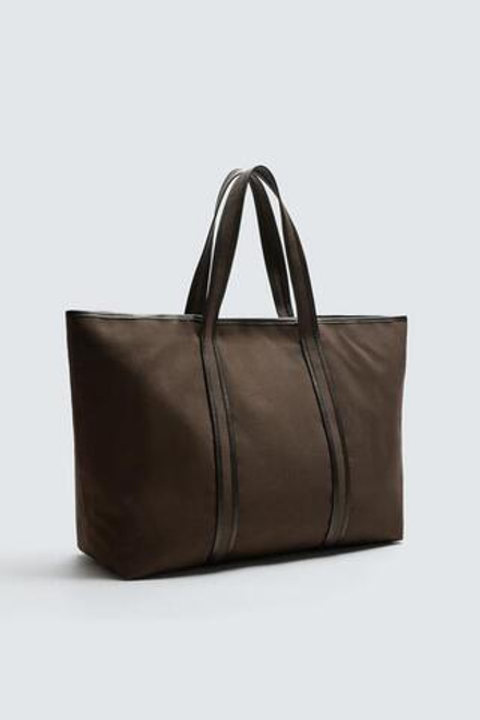 ZARA ТКАНЕВАЯ СУМКА-ШОПЕР, КОРИЧНЕВЫЙ