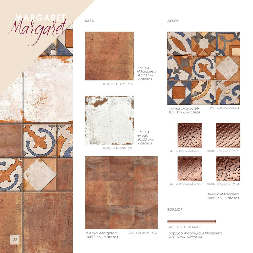 Плитка настенная Margaret Terracotta matt 200x200х7 мм