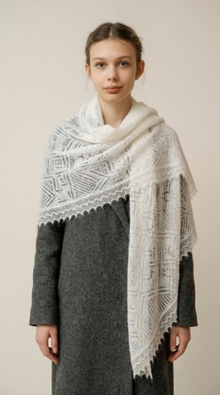 Оренбургский пуховый платок-паутинка А150-01 белый отбеленный