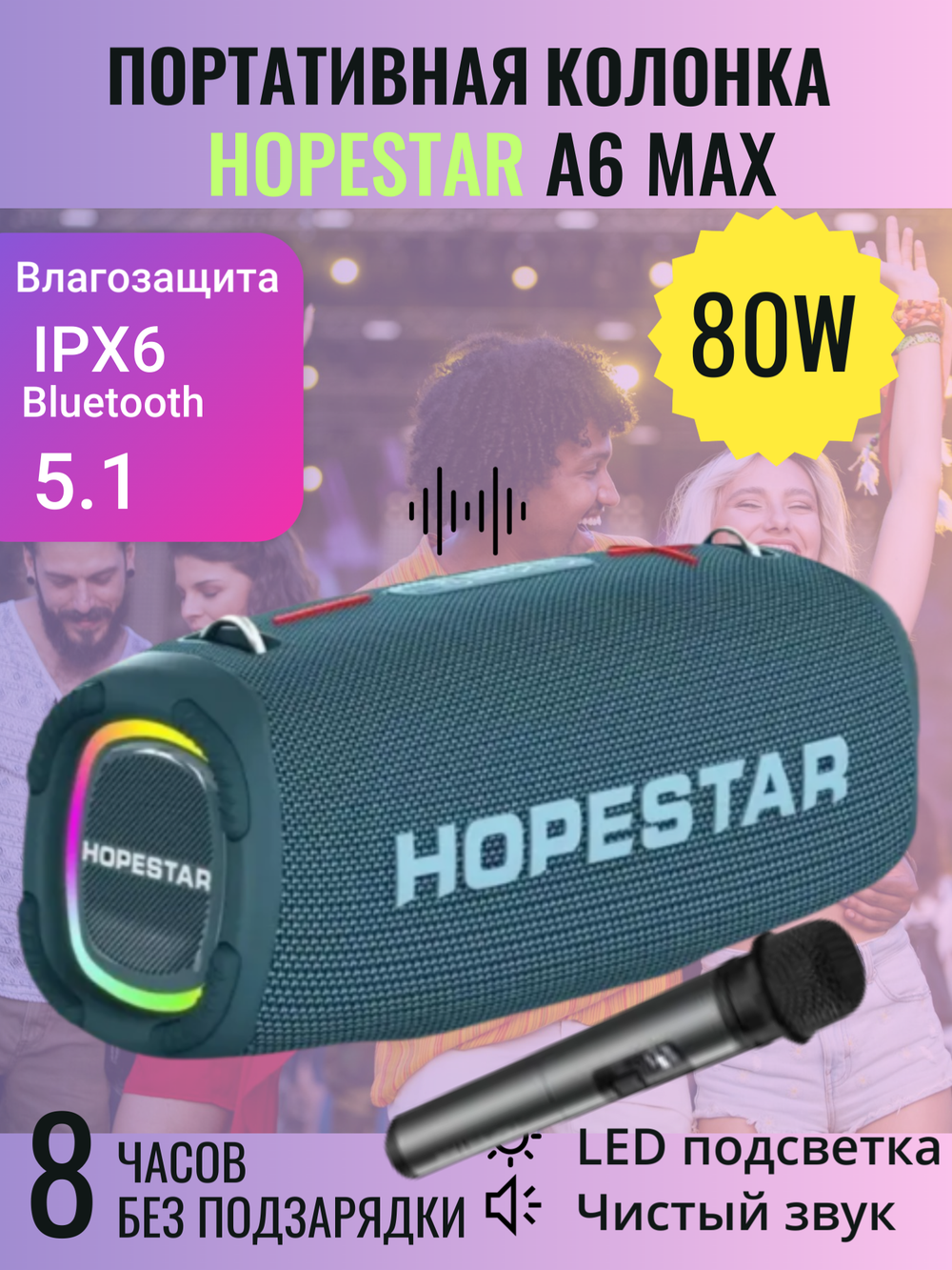 Портативная беспроводная Bluetooth колонка HOPESTAR A6 Max с микрофоном 80Вт/портативная акустика/блютуз колонка (Синяя)