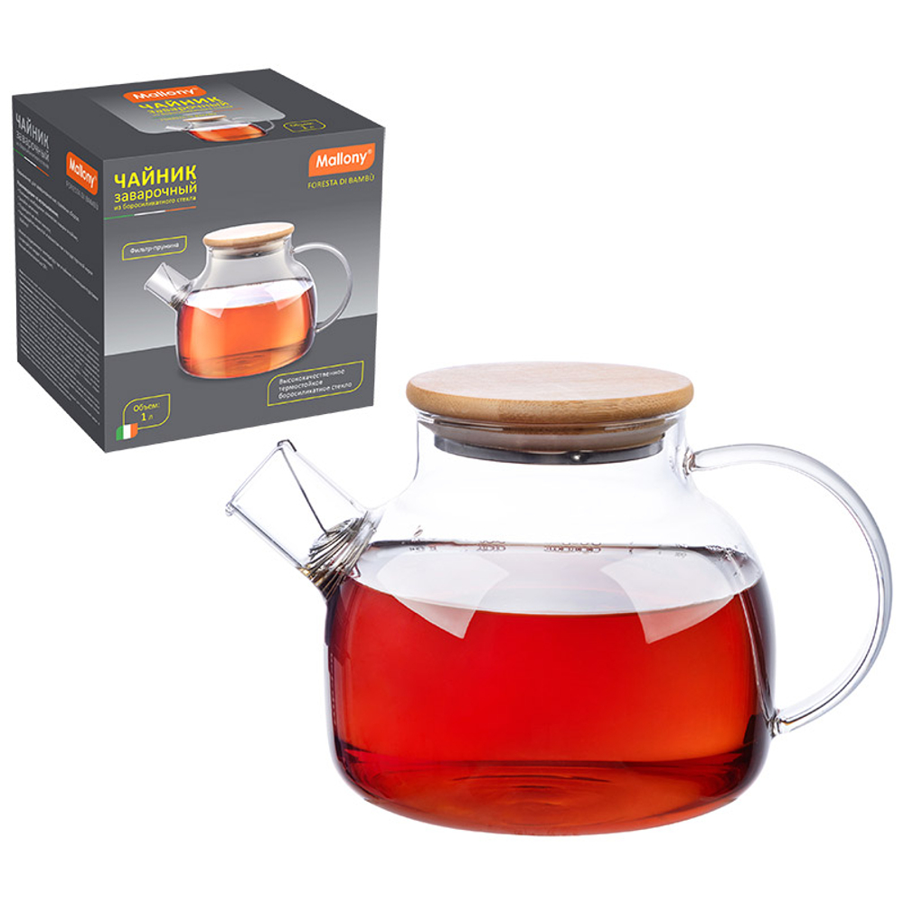 Чайник заварочный Mallony Foresta di bambu 1л из боросиликатного стекла с крышкой из бамбука