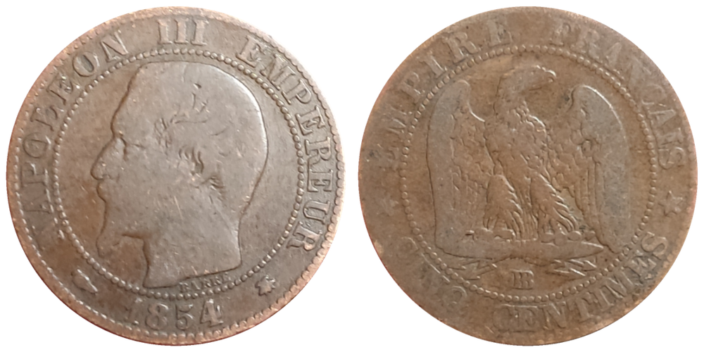 Франция 5 сантимов, 1853 - 1857 Император Наполеон III F