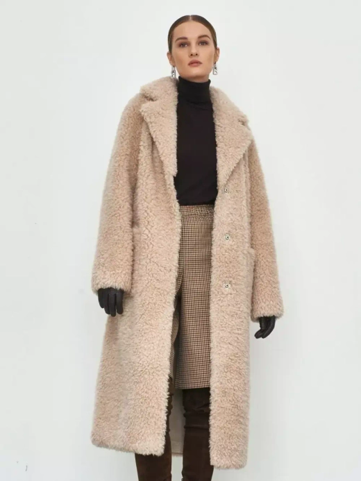 Шуба женская чебурашка тедди пальто из шерсти мериноса, бежевая, SilverFox