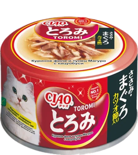 Inaba Ciao Toromi консервы для кошек, куриное филе с тунцом магуро и кацуобуси в бульоне 80гр.