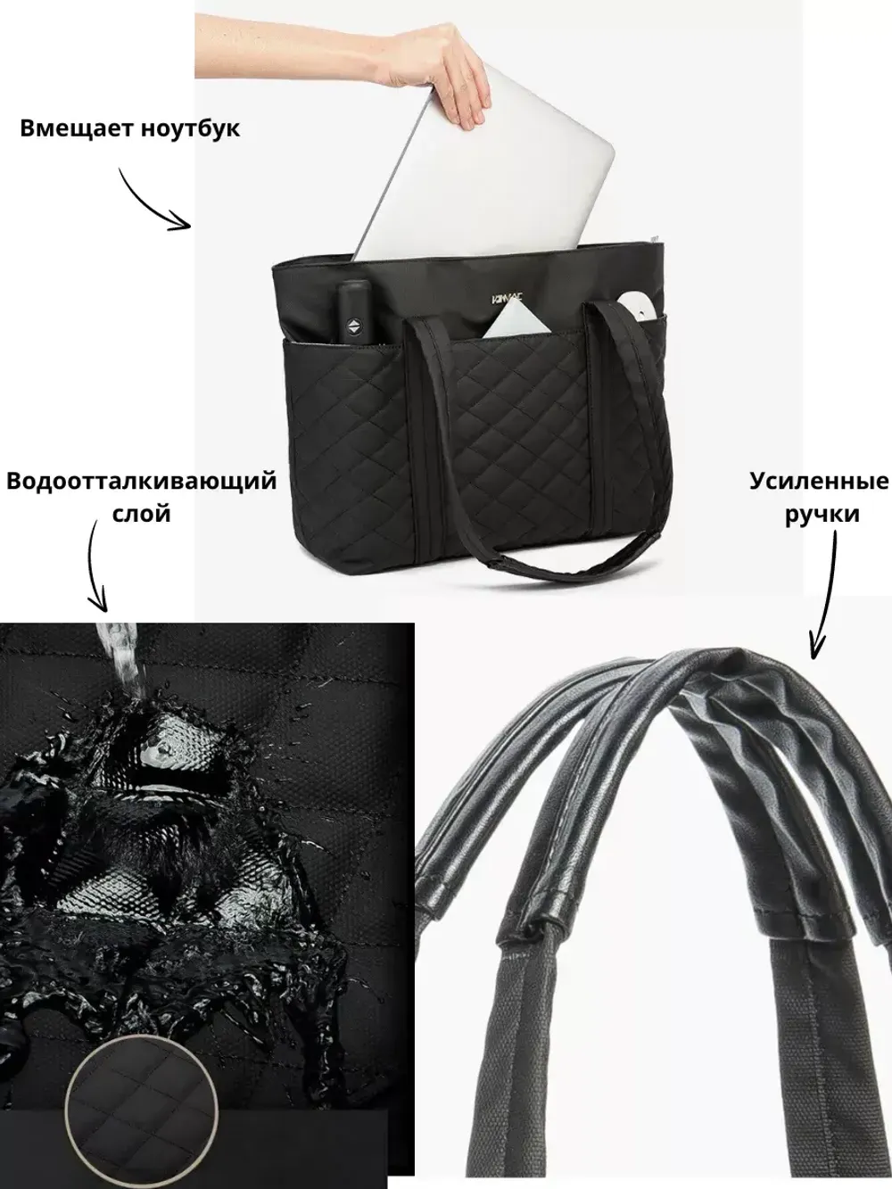 Сумка шоппер с отделением для ноутбука (Стеганый черный)