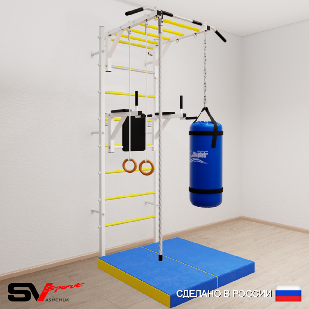 Шведская стенка Sv Sport усиленная 6447 (Турник рукоход/Брусья/Канат/Кольца/Цепь/Мешок 30кг/Мат 1м)