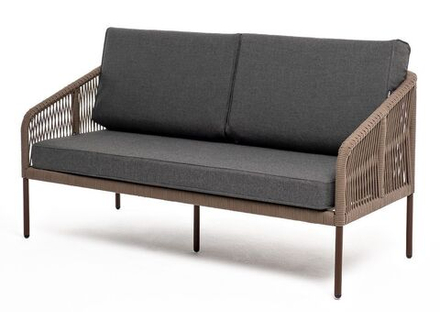 "Канны" диван 2-местный плетеный из роупа, каркас алюминий коричневый (RAL8016) муар, роуп коричневый круглый, ткань темно-серая 027