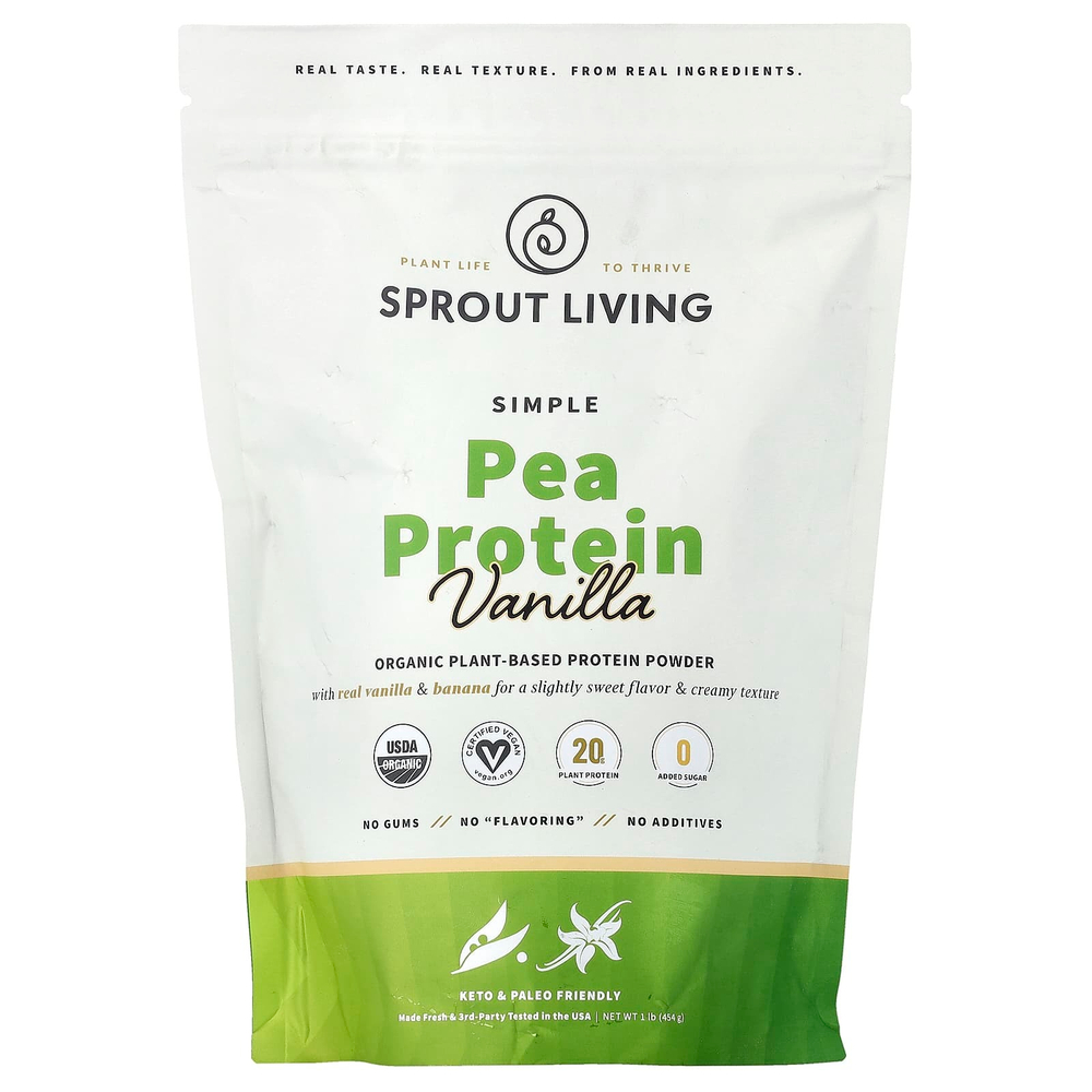 Sprout Living, простой гороховый протеин, со вкусом ванили, 454 г (1 фунт)