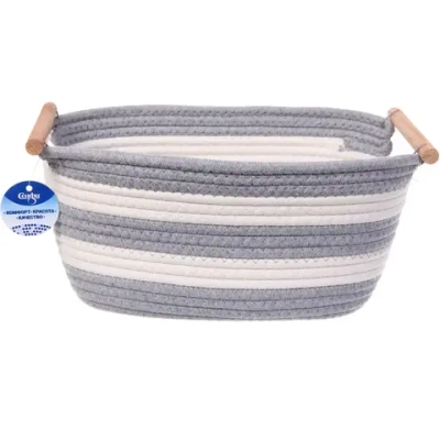 Корзинка вязаная интерьерная с ручками «БИРГИТ», цвет серый/белый, 35*22*14см, (лейбл селфи)