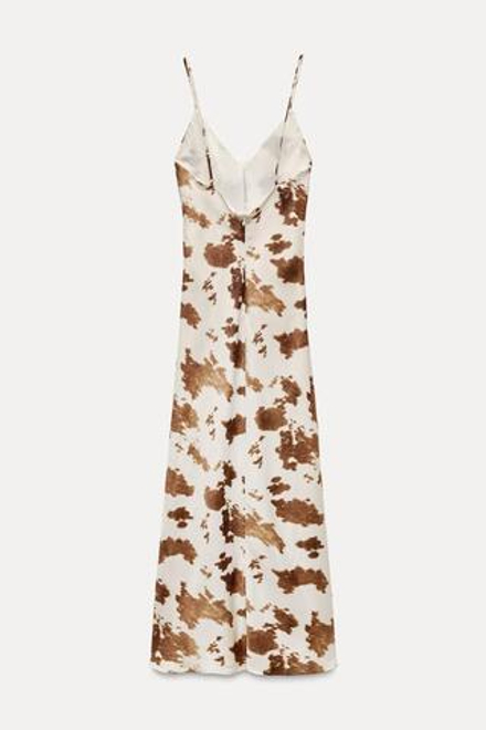 ZARA ПЛАТЬЕ МИДИ ИЗ АТЛАСА С ПРИНТОМ, БЕЖЕВО-КОРИЧНЕВЫЙ