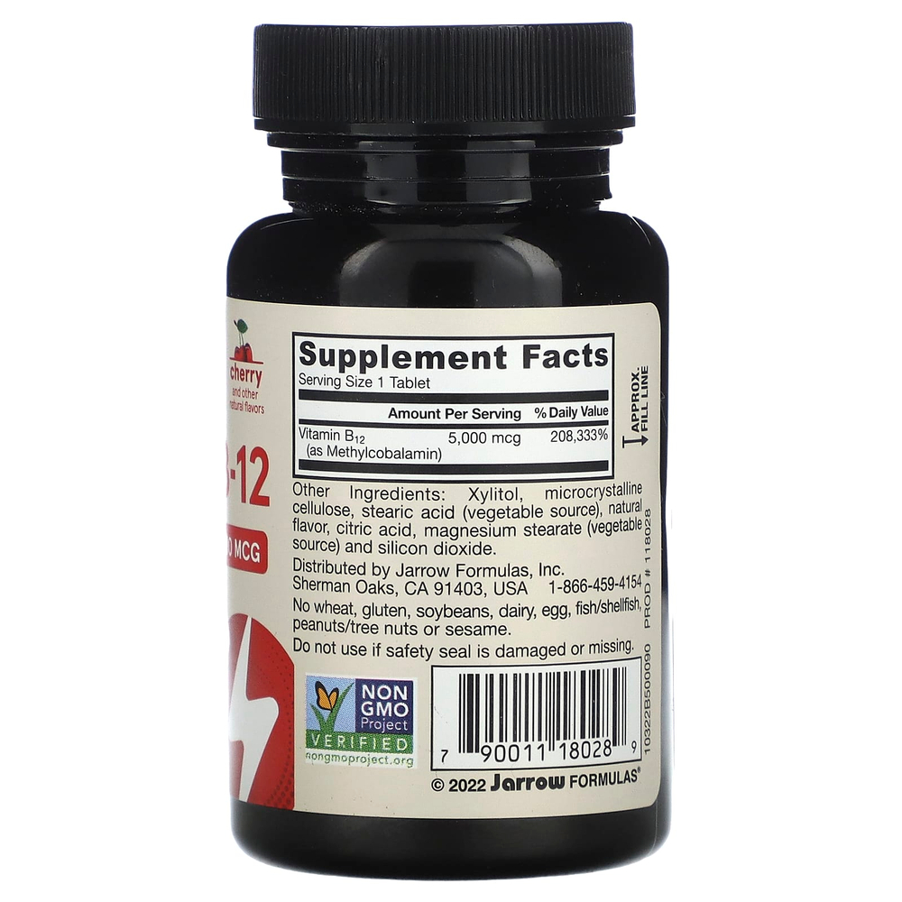 Jarrow Formulas, веганский метил B12, максимальная эффективность, со вкусом вишни, 5000 мкг, 90 жевательных таблеток