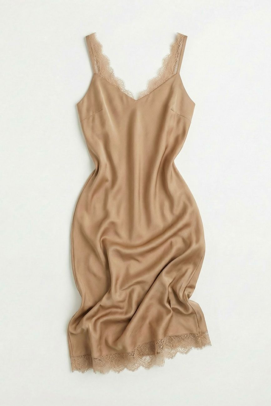 Платье-комбинация с кружевом, капучино