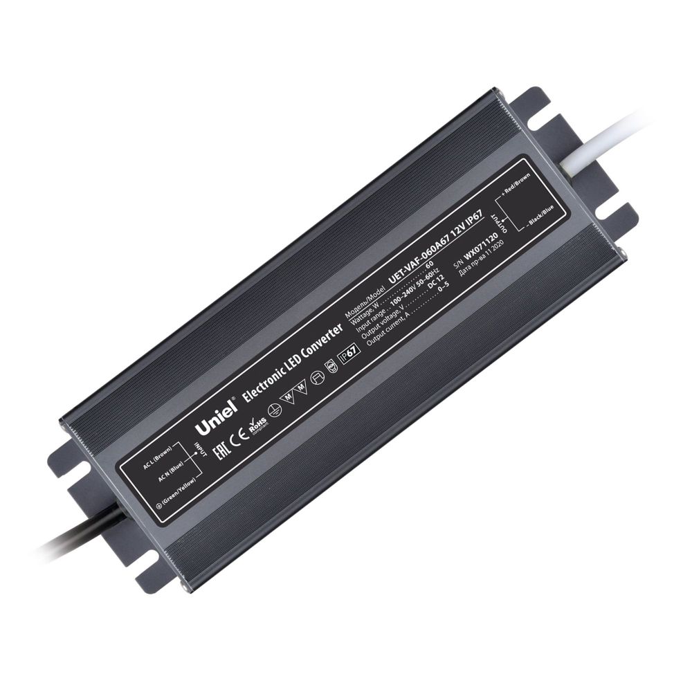 UET-VAF-060A67 12V IP67 Блок питания ультратонкий. 60Вт. Металлический корпус. TM Uniel