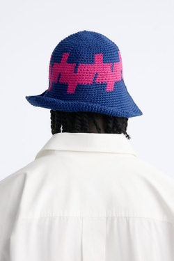 ZARA КОМБИНИРОВАННАЯ ШЛЯПА ИЗ КРУЖЕВА КРОШЕ, СИНИЙ