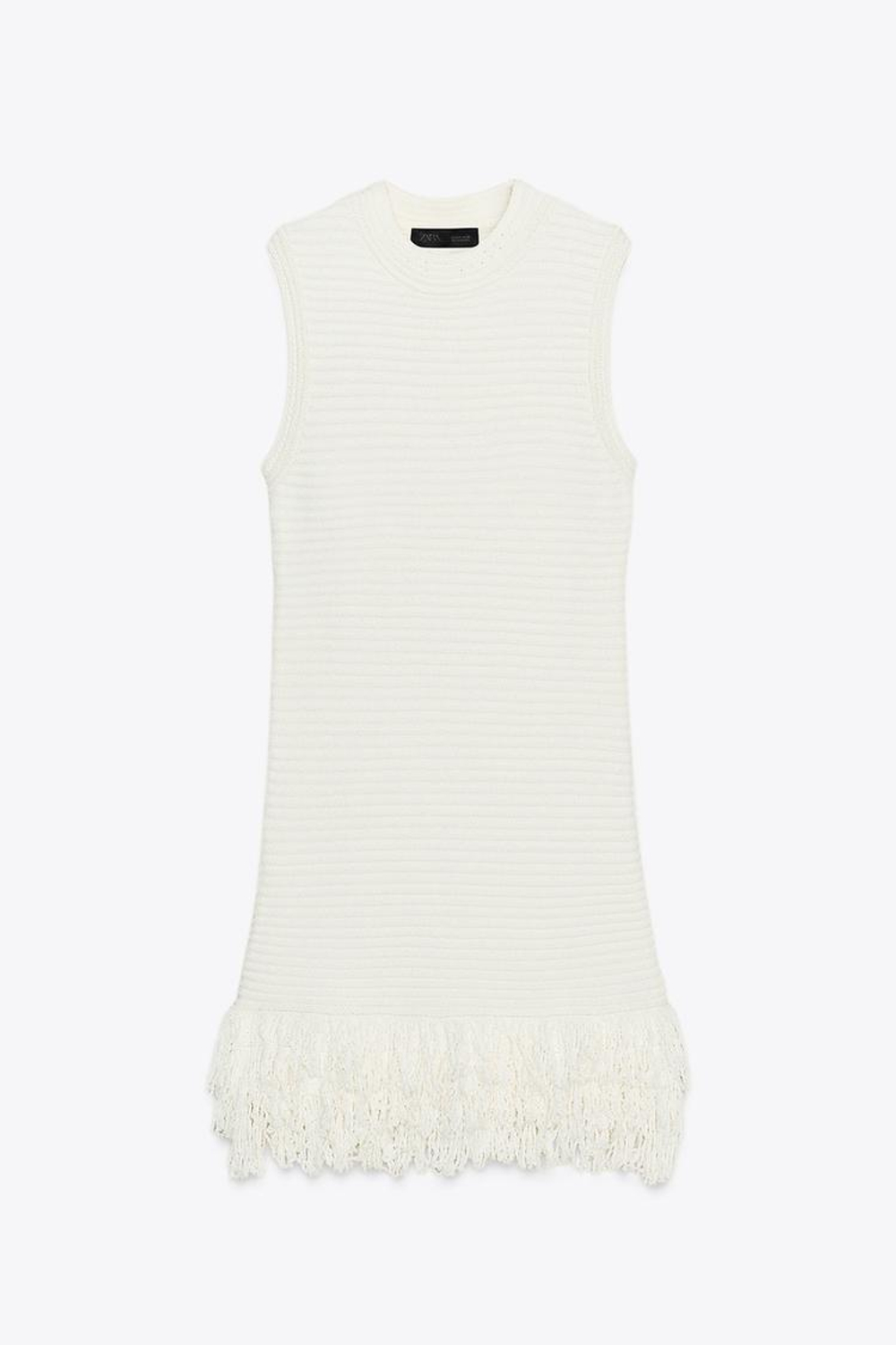 ZARA ТРИКОТАЖНОЕ ПЛАТЬЕ В КЛЕТКУ С БАХРОМОЙ, ЭКРЮ