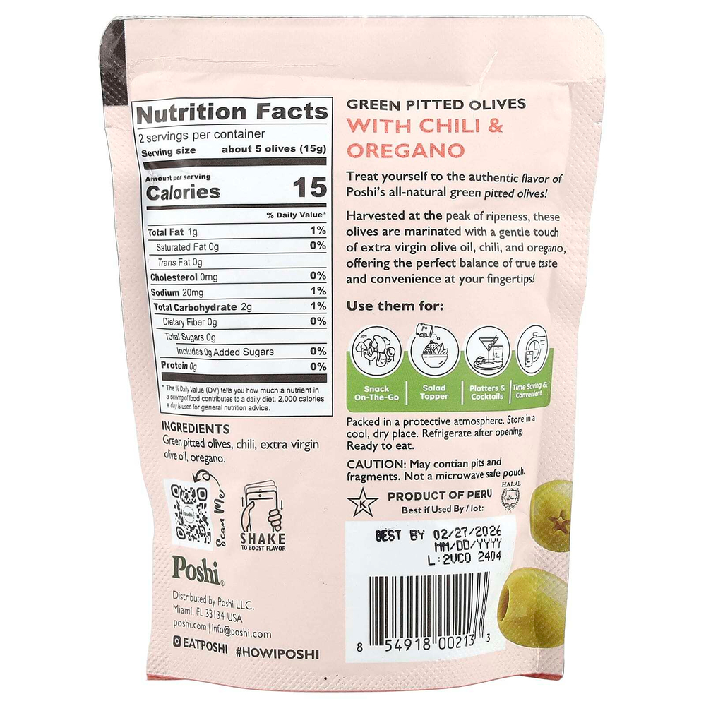 Poshi, Snacks, зеленые оливки премиального качества, чили и орегано, 30 г (1,1 унции)