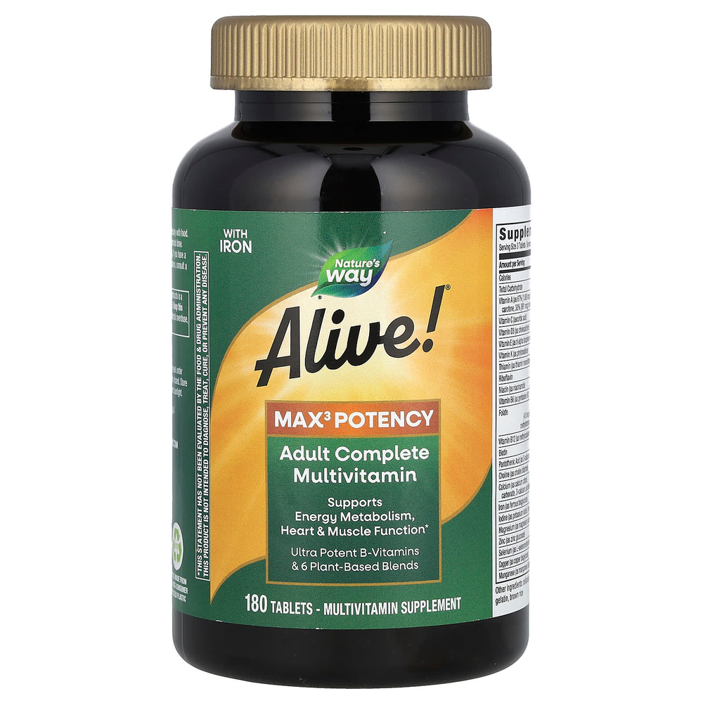 Nature's Way, Alive! Max3 Potency, полный мультивитаминный комплекс для взрослых, с железом, 180 таблеток