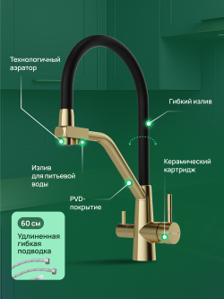 Смеситель для кухни Domaci Ливорно D8647GM золото матовое