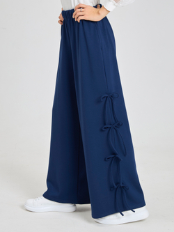 Брюки утепленные для девочки палаццо с бантиками тёмно-синие