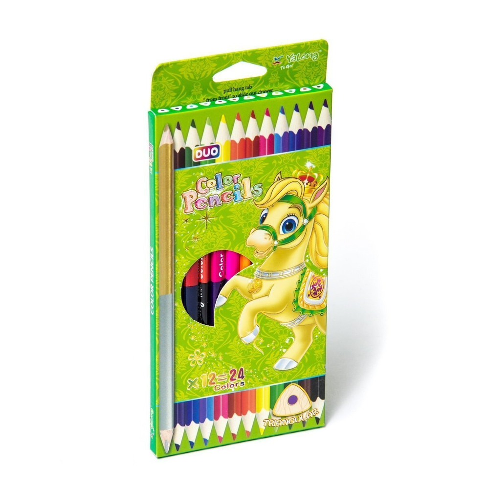 Карандаши цветные двусторонние Yalong 12/24 цв., деревянные, трехгранные, заточенные "Мульт королевство" золото+серебро, 3.0 мм, картон. уп., европод. Yalong 12/24 цв., "Мульт королевство" деревянные, трехгранные, заточенные, золото+се